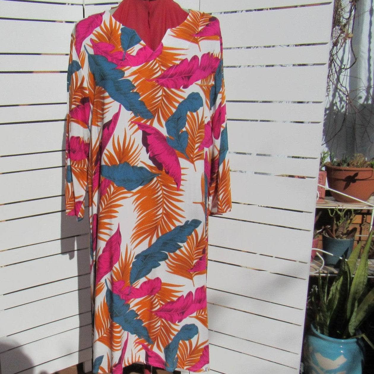 FCF14_Cesca_Tunic_Dress_full-bust_pink_green_leaves_back