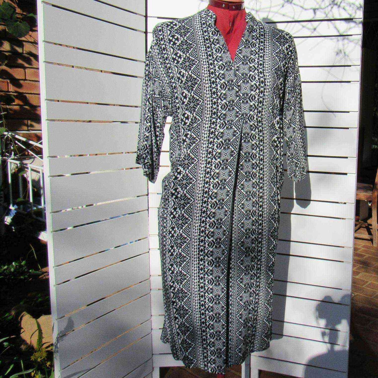 FCF25_Zoe_shirt_dress_full-bust_black_white_tribal_squares_front